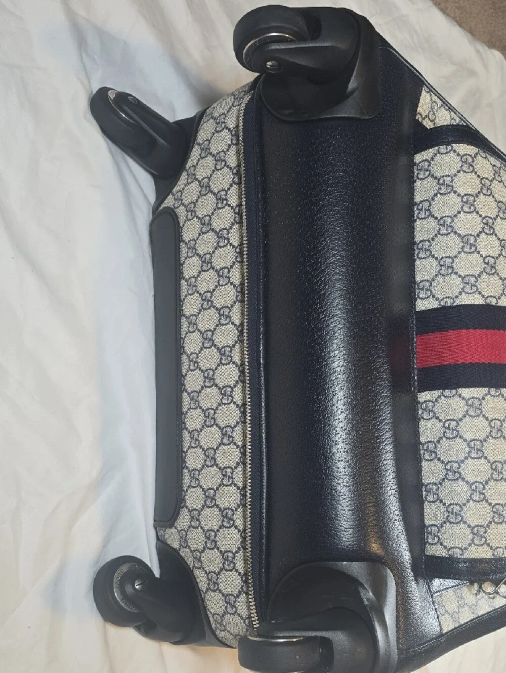 Gucci Beige GG Supreme Cabin Trolley with Navy and Red Stripes